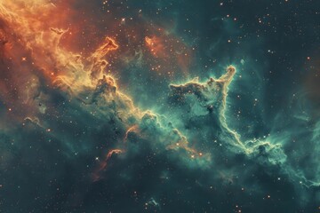 A vivid and fantastical depiction of a nebula with bright colors and dynamic cloud formations against a starry sky. - obrazy, fototapety, plakaty