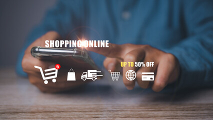 Man use smartphone shopping online with icon E-commerce marketing online.