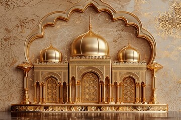 An ornate golden display featuring traditional Islamic architecture elements on a beige backdrop.
