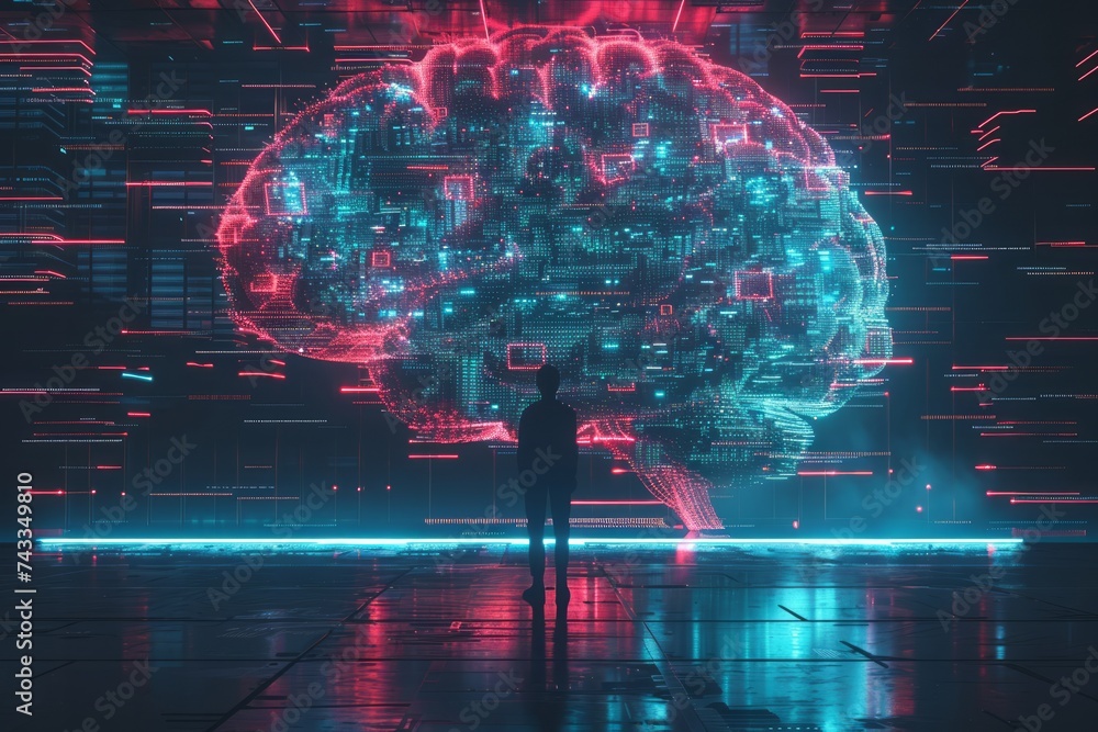 Poster a futuristic depiction of a human silhouette standing before a glowing brain-shaped network of circu