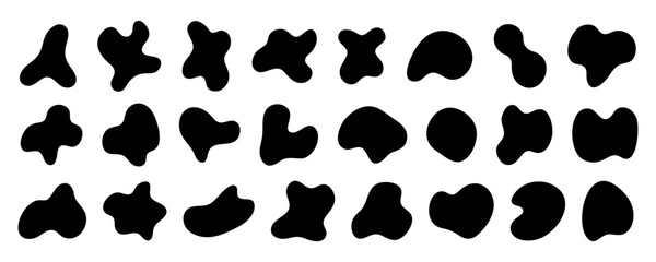 Black wavy liquid blobs. Amorphous random irregular blobs. Black blotch irregular form vector illustration. Set of abstract black organic shaped blobs elements isolated on white background