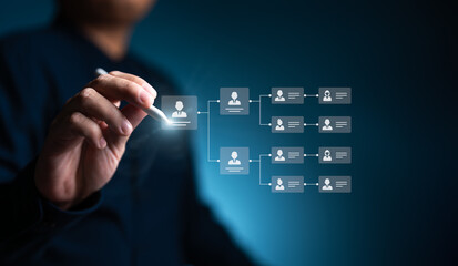 Organization chart, mind map. Businessman uses a pen to draw an organigram on a virtual screen. HR...