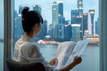 Businesswoman Reading Paper with City View