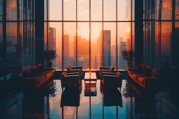Indoor Office Scene at Sunset with City View