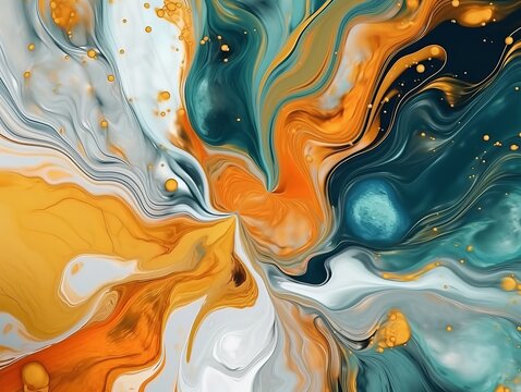 Abstract liquid art with pastel vibrant colors saturated in orange, green, black, and white, blending harmoniously to create a visually captivating composition. Generative AI technology