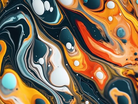 Abstract liquid art with pastel vibrant colors saturated in orange, green, black, and white, blending harmoniously to create a visually captivating composition. Generative AI technology