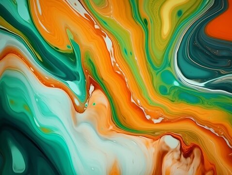 Abstract liquid art with pastel vibrant colors saturated in orange, green, black, and white, blending harmoniously to create a visually captivating composition. Generative AI technology