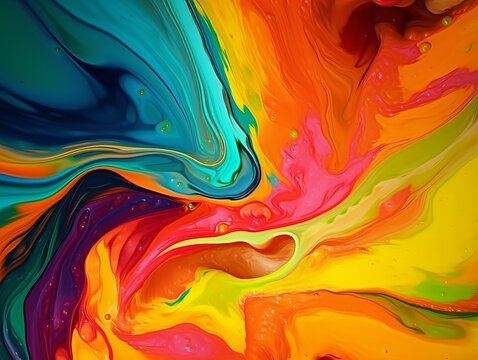 Abstract liquid art with pastel vibrant colors saturated in orange, green, black, and white, blending harmoniously to create a visually captivating composition. Generative AI technology