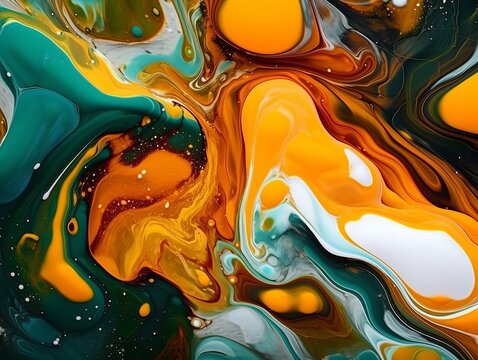 Abstract liquid art with pastel vibrant colors saturated in orange, green, black, and white, blending harmoniously to create a visually captivating composition. Generative AI technology