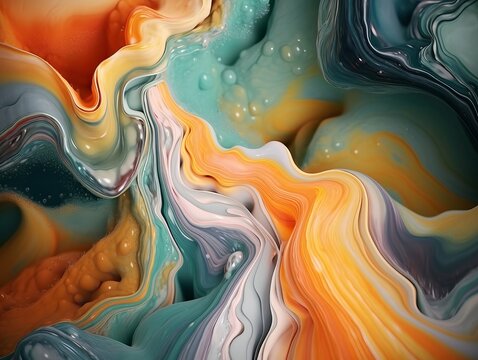 Abstract liquid art with pastel vibrant colors saturated in orange, green, black, and white, blending harmoniously to create a visually captivating composition. Generative AI technology