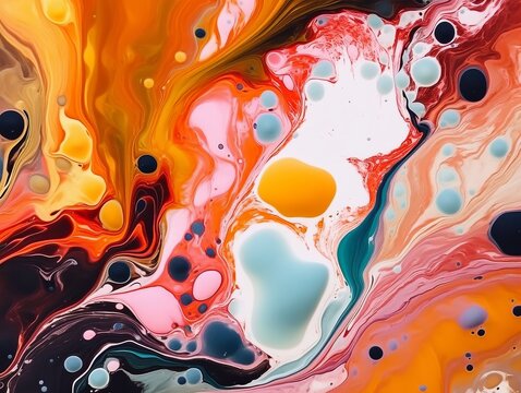 Abstract liquid art with pastel vibrant colors saturated in orange, green, black, and white, blending harmoniously to create a visually captivating composition. Generative AI technology