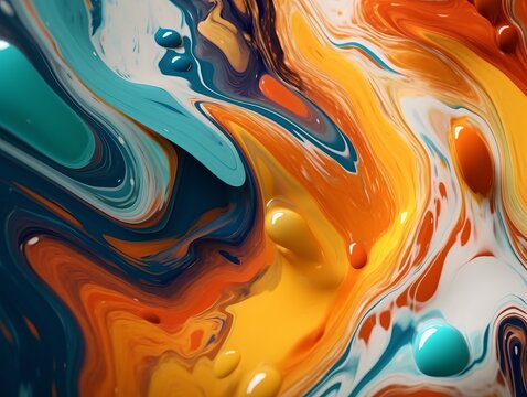 Abstract liquid art with pastel vibrant colors saturated in orange, green, black, and white, blending harmoniously to create a visually captivating composition. Generative AI technology