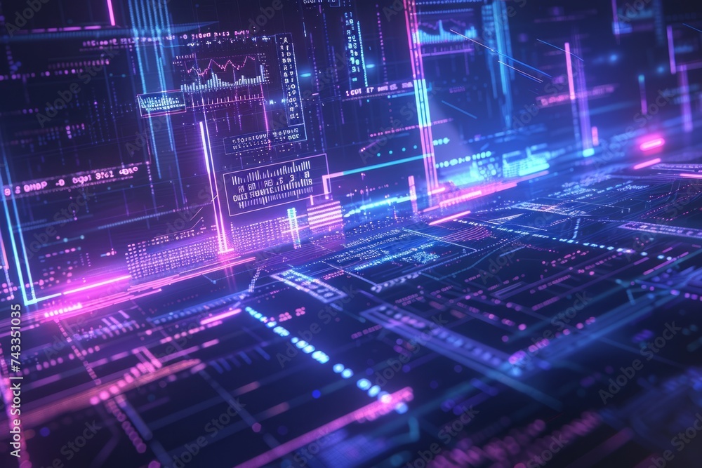 Poster a futuristic data analytics visualization with glowing graphs and lines over a dark background, refl