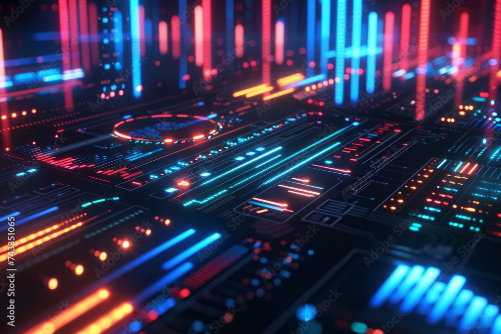 Poster a futuristic data analytics visualization with glowing graphs and lines over a dark background, refl