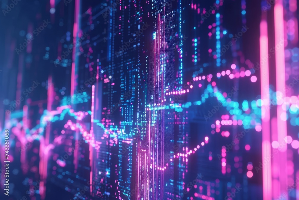 Poster a futuristic data analytics visualization with glowing graphs and lines over a dark background, refl