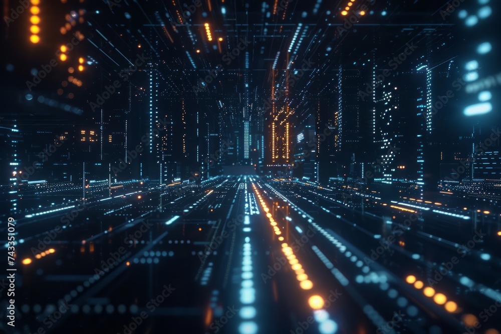 Poster a futuristic data analytics visualization with glowing graphs and lines over a dark background, refl