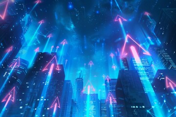 Fototapeta na wymiar A digital illustration of glowing arrows soaring upwards over a cityscape, symbolizing growth, progress, or futuristic navigation.