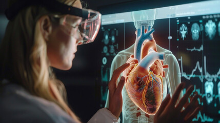AR technology overlays a virtual image of the human heart onto a patients chest allowing for precise presurgical planning and visualizations.