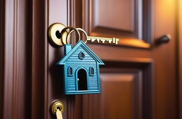 A key with a house-shaped keychain inserted into the door keyhole