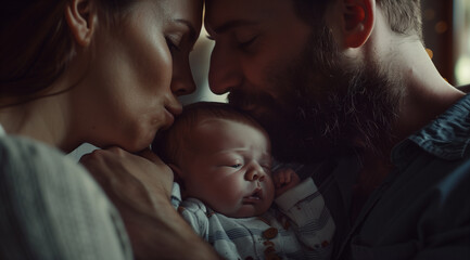 Happy couple kissing newborn baby, showing affection to infant child
