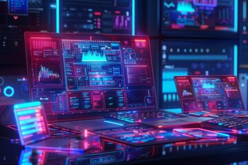 A high-tech workspace featuring a laptop with holographic projections and multiple devices displaying digital content.