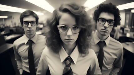 Quirky and eccentric office workers - skeptical doubting expressions - open office - low angle shot