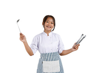 Portrait of a young Asian woman chef cooking food and holding some cooking tools. Isolated on a white background.