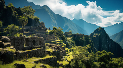 Ancient Wonder: Dramatic Shot of Machu Picchu, Emphasizing Stone Structures and Natural Beauty