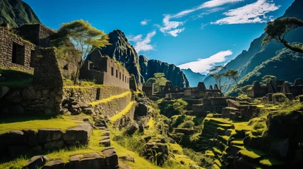 Cercles muraux Machu Picchu Andean Adventure: Dramatic Shot of Machu Picchu and Huayna Picchu, Against Verdant Foliage