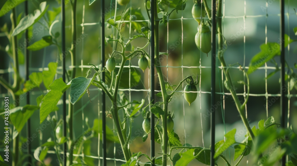 Poster a closeup of a metal trellis with strings hanging down supporting a variety of vine plants such as t