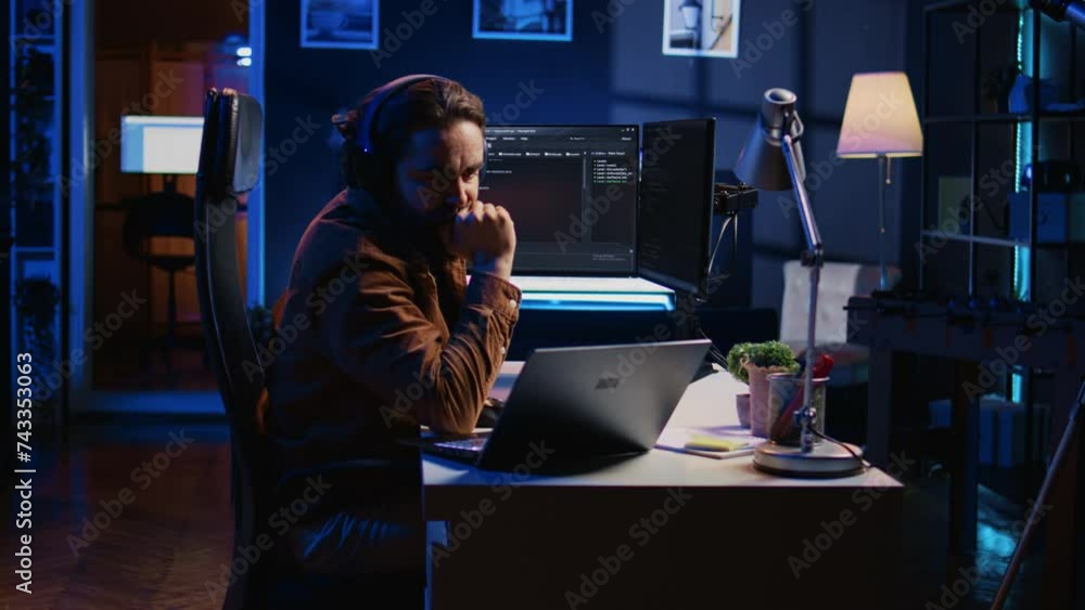Poster frenzied programmer suffering from adhd illness, impatiently taping desk with fingers while writing 