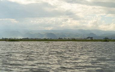 Inle Lake City, The Floating village urban city town houses, lake sea or river. Nature landscape fisheries and fishing tools, Myanmar. Aquaculture farming