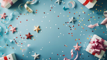 Happy birthday setup concept. Top view composition featuring table with vibrant disposable tableware, utensils, wrapped gifts, birthday hats, and more on light blue background with space for text