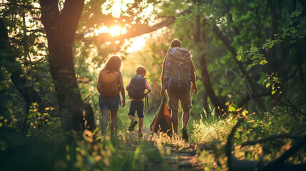 A group of family hiking together through a lush green forest, enjoying nature and adventure.