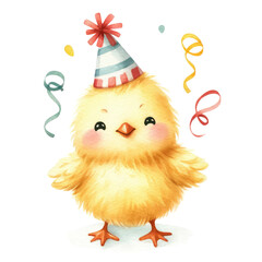 Chick with a party hat and streamers. watercolor illustration, Set of Various Chickens Celebrating Birthday party. easter day party.