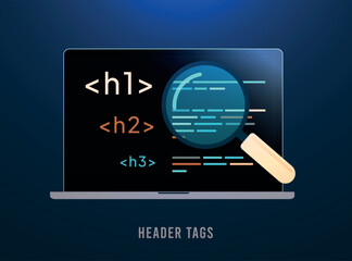 SEO header tags concept, website structure optimization, header tag hierarchy, on-page SEO, HTML tags, search engine optimization strategy, content organization. Vector illustration
