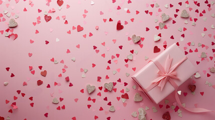 Valentine's Day flat lay composition with gift boxes and hearts on pastel pink background. Flat lay, top view, Generative AI 