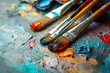 Fototapeta premium Close-up of artist paintbrushes beside a canvas, surrounded by an array of tools including brushes, paints, and a palette scattered across the floor.