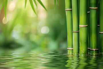 Aligned bamboo stalks gently sway in water against a sunlit backdrop, creating a tranquil and...