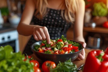 Young woman preparing vegetable salad in kitchen, emphasizing healthy eating and diet concept.




