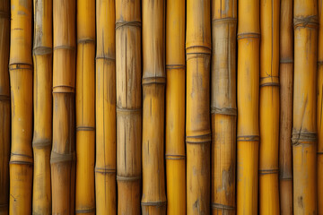 Fototapeta premium An eco-friendly concept is embodied in a background of a yellow bamboo fence. The texture of old brown-toned bamboo planks lends a rustic charm, evoking a sense of natural beauty and sustainability.
