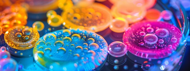 Macro capture of vibrant, bubble-like structures in bright hues, showcasing detailed patterns.