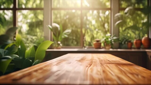 Rustic wooden table with tropical plants background in kitchen room for product display