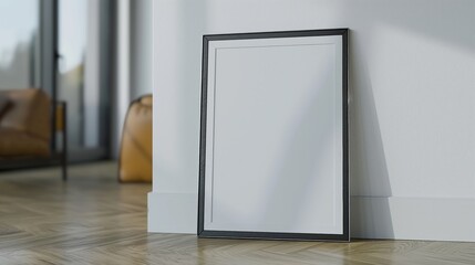 Blank vertical black poster frame standing on the floor against white wall in modern living room, empty picture frame mockup.