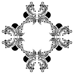 Geometrical floral frame with blooming branches. Folk Russian medieval motif. Ornate botanical border. Black silhouette on white background.