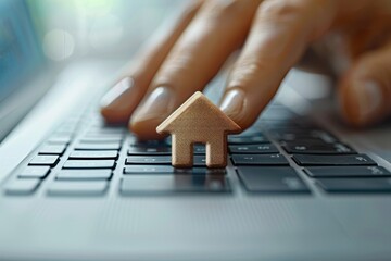 a person touching a laptop keyboard with an up arrow pointing at a house, in the style of flat abstraction, - obrazy, fototapety, plakaty