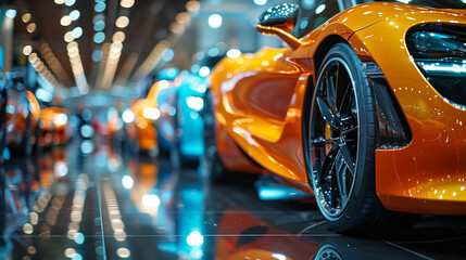 A lineup of high end sports cars in vibrant colors on display in a modern showroom, showcasing sleek design and automotive excellence.