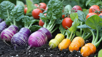 A patch of soil is dotted with neatly arranged columns of small rounded vegetables each one a bright eyecatching color. The vegetables are plump and smooth with ridged detailing