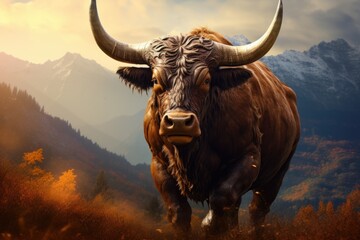 Bull in field on the background of mountains