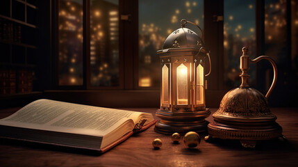Holy quran and lantern and Arabic